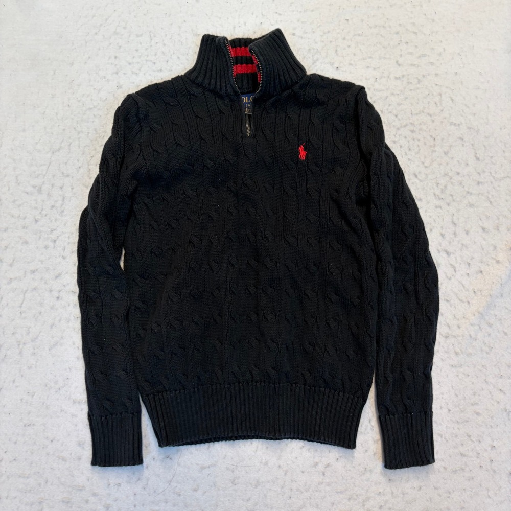 Polo Ralph Lauren Cable Knit Sweater Boys M (10-12) Black Quarter Zip Mock Neck